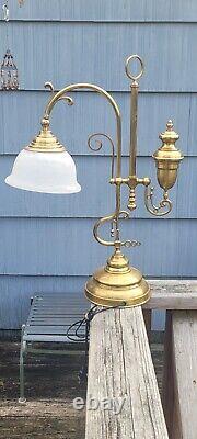 BRASS TABLE LAMP 70s Oil Lamp Style Desk Top Lamp, Glass Shade