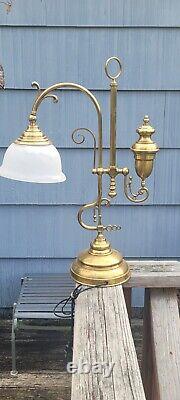 BRASS TABLE LAMP 70s Oil Lamp Style Desk Top Lamp, Glass Shade