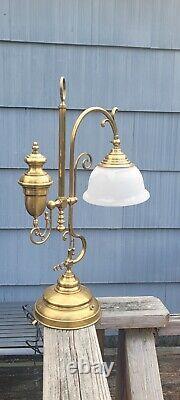 BRASS TABLE LAMP 70s Oil Lamp Style Desk Top Lamp, Glass Shade