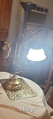 BRASS TABLE LAMP 70s Oil Lamp Style Desk Top Lamp, Glass Shade