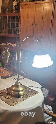 BRASS TABLE LAMP 70s Oil Lamp Style Desk Top Lamp, Glass Shade