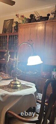 BRASS TABLE LAMP 70s Oil Lamp Style Desk Top Lamp, Glass Shade