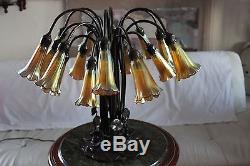 BRONZE Vintage LILY LAMP -18 LIGHTS WITH IRIDESCENT SHADES