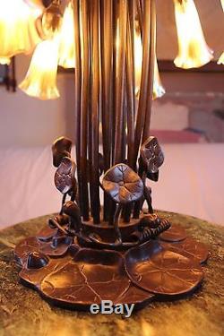 BRONZE Vintage LILY LAMP -18 LIGHTS WITH IRIDESCENT SHADES