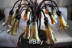 BRONZE Vintage LILY LAMP -18 LIGHTS WITH IRIDESCENT SHADES