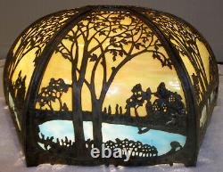 Beautiful Antique 20 Slag Glass Lamp Shade Sunset Over Lake Trees & Houses