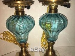 Beautiful PAIR Vintage Thumbprint Coin Dot Aqua Blue Glass Oil Lamp withShades