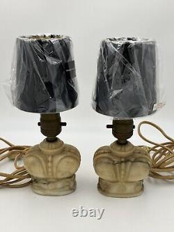Beautiful Pair of Small Vintage Italian Carved Alabaster Crown Lamps withShades