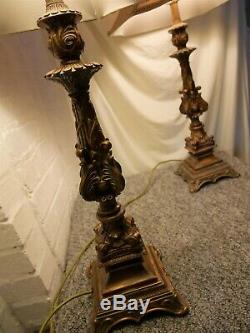 Beautiful Pair of Tall Vintage Style Ornate Table Lamps. Two Tone Mocha Shades