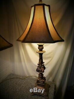 Beautiful Pair of Tall Vintage Style Ornate Table Lamps. Two Tone Mocha Shades