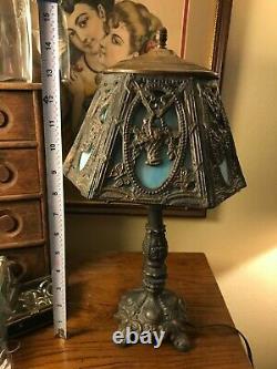 Beautiful Small Vintage Blue Slag Glass Table Lamp Light & Shade