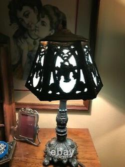 Beautiful Small Vintage Blue Slag Glass Table Lamp Light & Shade