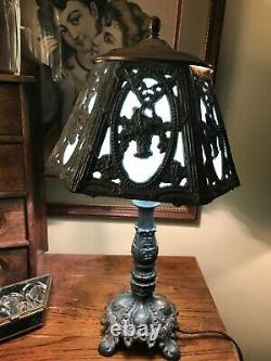 Beautiful Small Vintage Blue Slag Glass Table Lamp Light & Shade