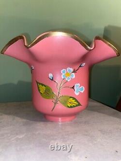 Beautiful Vintage Coral Pink Hand Painted Ruffled Lamp Shade Folk Art