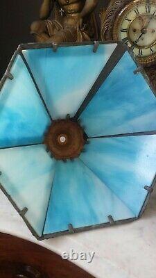 Beautiful Vintage Electric Cherub Table Lamp Blue Slag Glass Shade