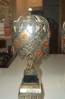 Beautiful Vintage Pair Of Boudoir Table Lamps WithCherubs Filigree Shades