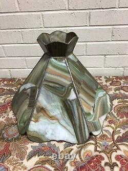 Beautiful Vtg Green Brown Slag Glass Lamp Shade 6 Panel 10 3/4 Tall X 15 Across