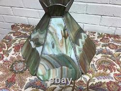 Beautiful Vtg Green Brown Slag Glass Lamp Shade 6 Panel 10 3/4 Tall X 15 Across
