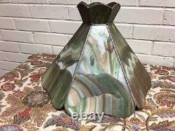 Beautiful Vtg Green Brown Slag Glass Lamp Shade 6 Panel 10 3/4 Tall X 15 Across