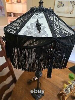 Black Lace Pleated Victorian Bridge Lamp Shade Custom Made Fringe Tassels