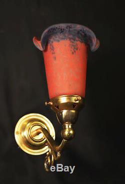 Brass vintage antique wall light sconce handmade French cased glass lamp shade