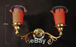 Brass vintage antique wall light sconce handmade French cased glass lamp shade