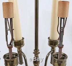 Candelabra Bouillotte Candlestick Metal Table Lamps Pair Vintage Red Shades