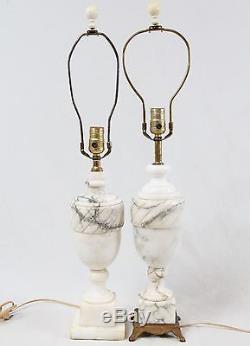 Carved Italian Alabaster Urn Table Lamps Pair Vintage Drum Shades Neoclassical