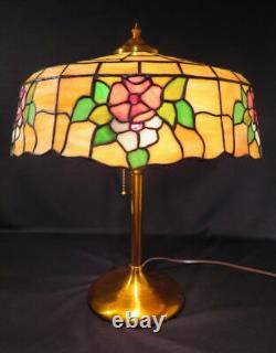 Circa 1900 Roses Stained Leaded Glass Early Elec Copper Base Table Lamp Antique