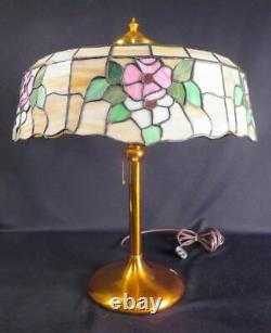 Circa 1900 Roses Stained Leaded Glass Early Elec Copper Base Table Lamp Antique