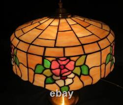 Circa 1900 Roses Stained Leaded Glass Early Elec Copper Base Table Lamp Antique