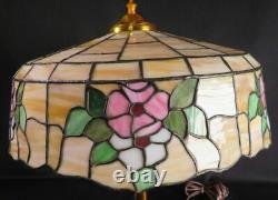 Circa 1900 Roses Stained Leaded Glass Early Elec Copper Base Table Lamp Antique