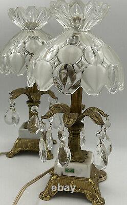 Crystal Glass Lamp Set Prisms Vintage 10.5 Glass Shade Brass Marble Base Italy