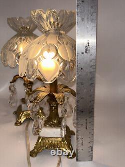 Crystal Glass Lamp Set Prisms Vintage 10.5 Glass Shade Brass Marble Base Italy