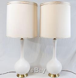 Danish Modern White Pottery Table Lamps Pair Vintage Drum Shades Mid Century