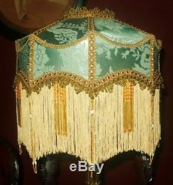Duchess. Victorian Deco Vintage Beaded Lampshade. Deep Duck Egg Silk Damask 14