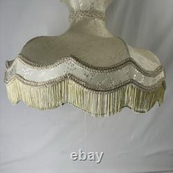 E1 Large Antique Victorian Parlor Lamp Shade Brocade Floral Fringes Metal Frame