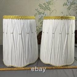 EUC Pair 2 Vintage Pinch Pleat Drum Lamp Shade White Gold Hollywood Regency MCM
