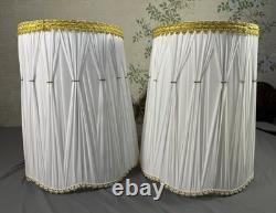 EUC Pair 2 Vintage Pinch Pleat Drum Lamp Shade White Gold Hollywood Regency MCM