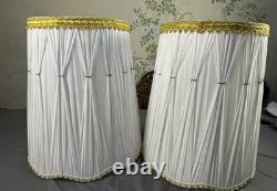 EUC Pair 2 Vintage Pinch Pleat Drum Lamp Shade White Gold Hollywood Regency MCM
