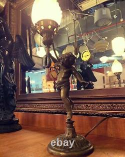 Early 20th Century Brass Cherub Lamp With Glass Flame Shade Titanic Era