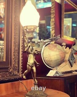 Early 20th Century Brass Cherub Lamp With Glass Flame Shade Titanic Era