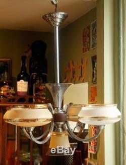FRENCH Vintage Ceiling Chandelier 5 Lamp Shade Light Art Deco Glass Chrome Wood