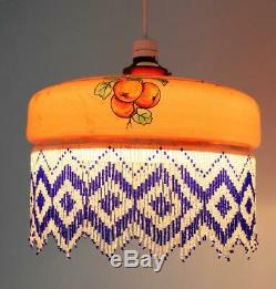 FRENCH Vintage Deco Painted Orange Folly Glass Beaded Fringed Lamp Light Shade