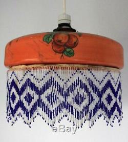 FRENCH Vintage Deco Painted Orange Folly Glass Beaded Fringed Lamp Light Shade