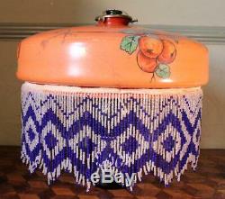 FRENCH Vintage Deco Painted Orange Folly Glass Beaded Fringed Lamp Light Shade