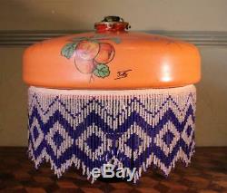 FRENCH Vintage Deco Painted Orange Folly Glass Beaded Fringed Lamp Light Shade