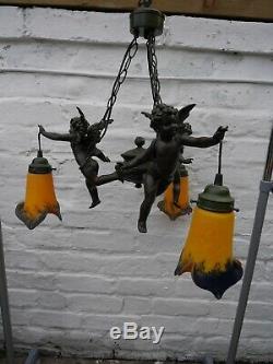 Fabulous Vintage French Art Nouveau Three Lamp Cherub Ceiling Light