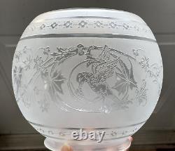 Figural Bird Antique Acid Etched Glass Lamp Shade Gas Oil Victorian Ball Bowl 5