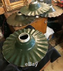 Four (4) Vintage Industrial pleated radial 20 green Porcelain Enamel Shades